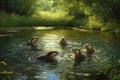 Five Otters Playing in a Sunny Pond Royalty Free Stock Photo