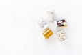 Five packs with various pills on a white background. Health concept. Top view