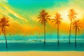Five palm trees stand on the wet sand against the background of the turquoise sea and clouds illuminated by the warm Royalty Free Stock Photo