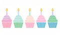 Five pastel cupcakes with single lit candles, arranged horizonta Royalty Free Stock Photo