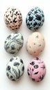Five pastel eggs with black floral patterns, white background, text Royalty Free Stock Photo