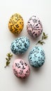Five pastel eggs with black floral patterns, white background, text Royalty Free Stock Photo