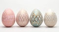 Five pastel eggs with geometric gold patterns, white background, text Royalty Free Stock Photo