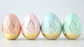 Five pastel eggs with geometric gold patterns, white background, text Royalty Free Stock Photo