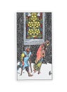 The Five of Pentacles tarot card on white background, top view