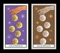 Five of pentacles. Tarot cards. Hand letting go five golden pentacles on clouds background