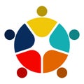 Five people logo in a circle holding hands.The summit workers are meeting in the same power room.