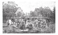 Five people making stock ready for threshing machine vintage engraving Royalty Free Stock Photo