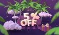 5 Five percent off 3D illustration in cartoon style. Summer clearance, sale, discount concept