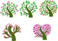Five perfect green trees with leaves, flowers, hearts