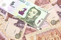 A five peso bank note from Argentina with Egyptian one pound bank notes Royalty Free Stock Photo