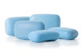 Five pieces of blue toilet soap on a white background. Full depth of field.