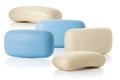 Five pieces of white and blue toilet soap on a white background. Full depth of field.