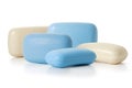 Five pieces of white and blue toilet soap on a white background. Full depth of field.