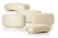 Five pieces of white toilet soap on a white background. Full depth of field.