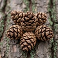 Five pine cones arranged in a star shape rest on a textured tree bark surface Royalty Free Stock Photo