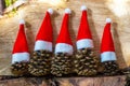 Five pine cones in a red Santa hats like a Christmas tree on a wooden background Royalty Free Stock Photo