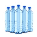 Five plastic bottles of still water with blue cap Royalty Free Stock Photo