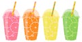 Five plastic cups with fruit slices. Orange, lemon, lime, grapefruit and citrus fruits. Royalty Free Stock Photo