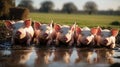 A Row of Adorable Piglets Relaxing in Muddy Puddle on a Sunny Farm Royalty Free Stock Photo