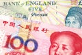 A British five pound note with a red, Chinese yuan