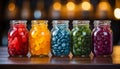 Five preserving jars on kitchen cupboard with assortment of colorful candy. Concept of sweets, choice, selection