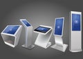 Five Promotional Interactive Information Kiosk, Advertising Display, Terminal Stand, Touch Screen Display. Mock Up Template