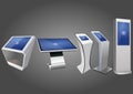 Five Promotional Interactive Information Kiosk, Advertising Display, Terminal Stand, Touch Screen Display. Mock Up Template