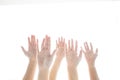 Five raising hands participation with isolated white background and copy space