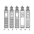 Five rectangular antique glass perfume bottles with antique caps. Black and white fashion sketches. Vector illustration Royalty Free Stock Photo