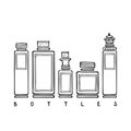 Five rectangular antique glass perfume bottles with antique caps. Black and white fashion sketches. Vector illustration Royalty Free Stock Photo
