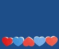 Five red and blue heart shape dishwasher sponge in the foreground on the blue background