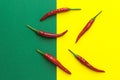 Five red chili peppers on a yellow-green background Royalty Free Stock Photo