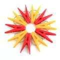 Five red and five yellow pegs situated around Royalty Free Stock Photo