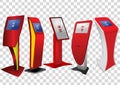 Five Red Promotional Interactive Information Kiosk, Advertising Display, Terminal Stand, isolated on transparent background.