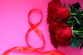 Five red roses on a pink background. The number 8 is made of tape. Holiday, international women`s day, Valentine`s day Royalty Free Stock Photo