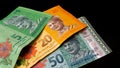 Five Ringgit, Twenty Ringgit and Fifty Ringgit notes, Malaysia`s money currency Royalty Free Stock Photo