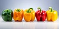 Five ripe colorful bell peppers on the white backdrop. Organic vegetables for healthy lifestyle. Generative AI