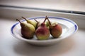 Five ripe pears in a plate on the windowsill Royalty Free Stock Photo