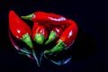 Five ripe red chili peppers isolated on a black background Royalty Free Stock Photo