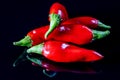 Five ripe red chili peppers isolated on a black background Royalty Free Stock Photo