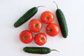 Five ripe red tomatoes on a branch and cucumbers on  white background. View from above Royalty Free Stock Photo