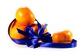 Five ripe sweet mandarins with blue ribbon Royalty Free Stock Photo