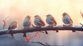 Five robin birds on the tree in the morning mist of an early autumn day. Generative AI