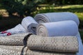 Five rolls of homespun cloth rolled into rolls Royalty Free Stock Photo