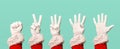 Five Santa Claus hands in white gloves on blank blue background.