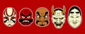 Five scary Japanese mask elements isolated on red background
