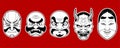 Five scary Japanese white traditional mask elements on red background