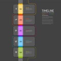 Five semitransparent glassy rounded rectangles timeline process infographic on dark background