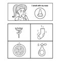 Five senses black and white poster. Smell sense coloring page for kids Royalty Free Stock Photo
